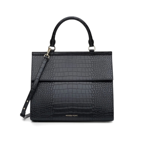 Modern Picnic Handbags - Modern Picnic Large Luncher in Black Faux Crocodile
